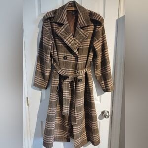 Women's XS Plaid Trench Coat - Brown